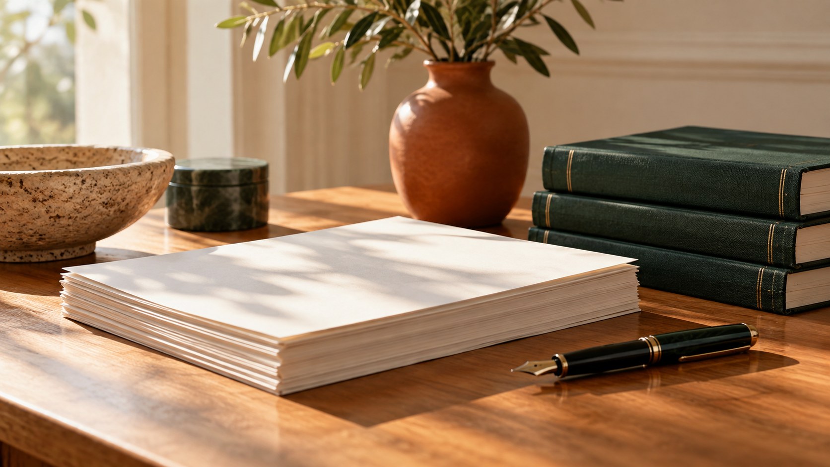 Papieren, een vulpen en boeken op een bureau in warm daglicht
